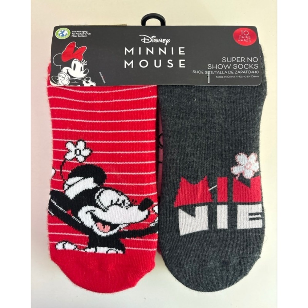 Disney Minnie Mouse Girls Super No Show Socks 10 Pair Pack‎ Red Pink Grey 4-10